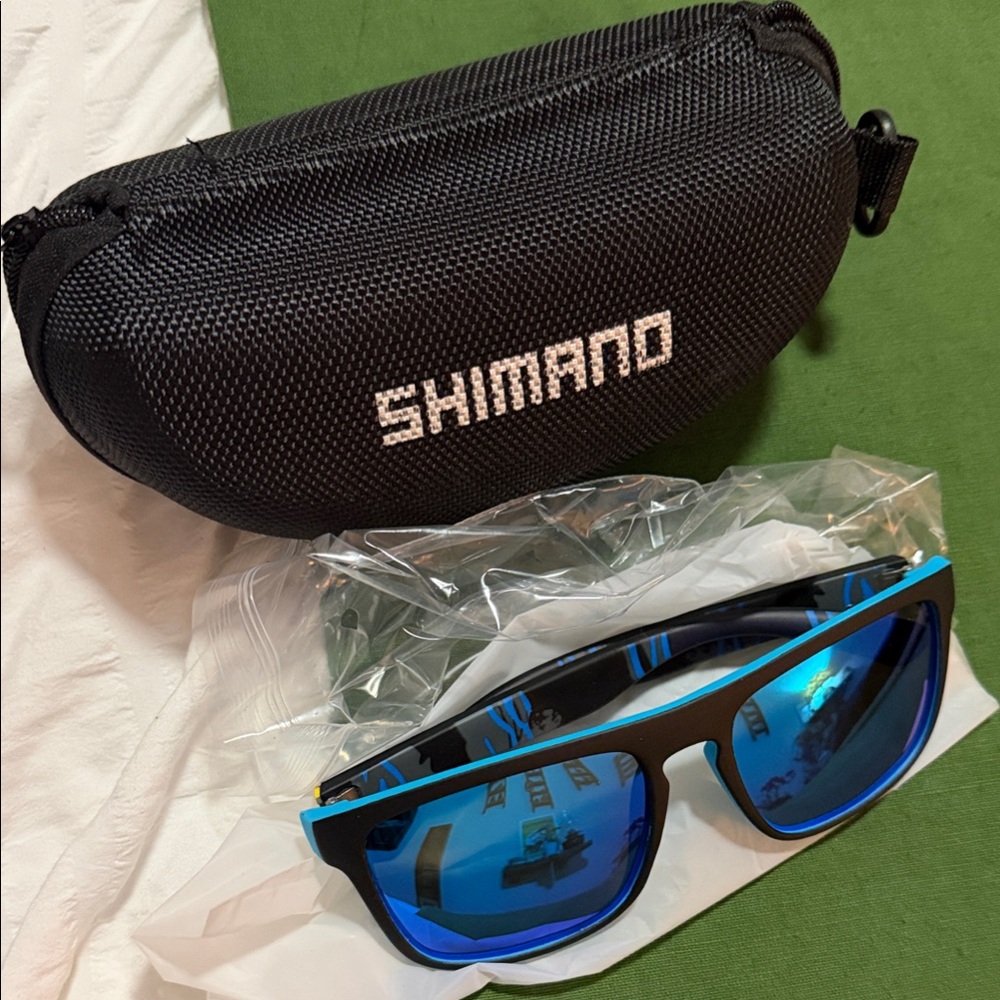 NEW nice color theme Shimano Black Frame Sunglasses with Blue Mirrored Lenses